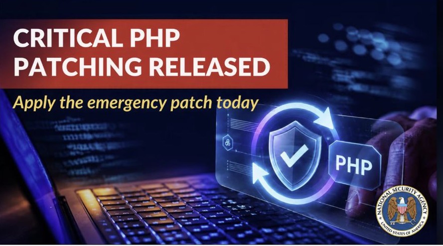 Screenshot of an NSA warning graphic urging users to apply a critical PHP patch