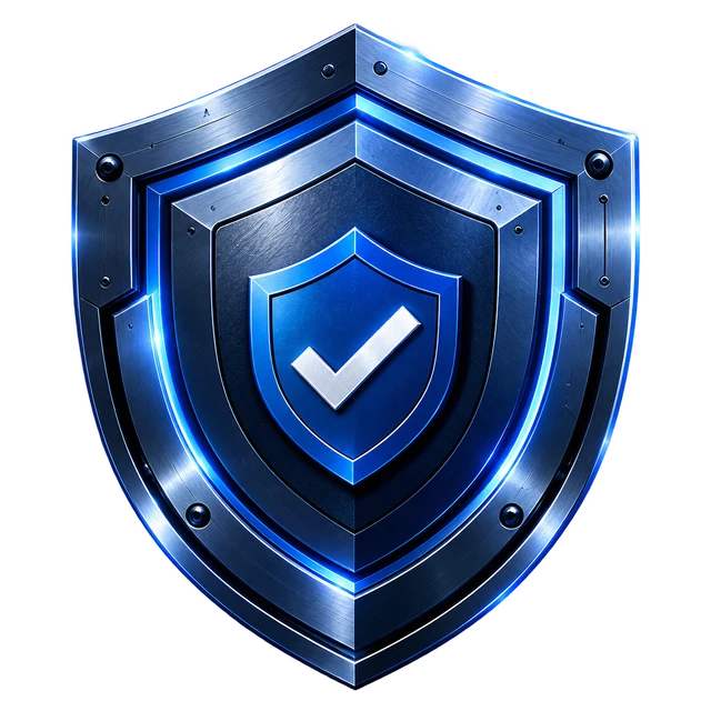 Blue armored shield bearing a white check mark